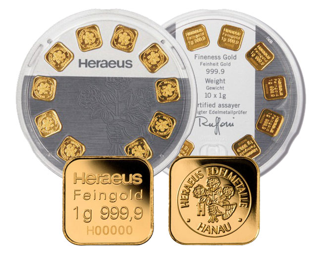Heraeus 10 x 1 Gramm Goldbarren Multidisc der Kassenschlager bei CastellGold