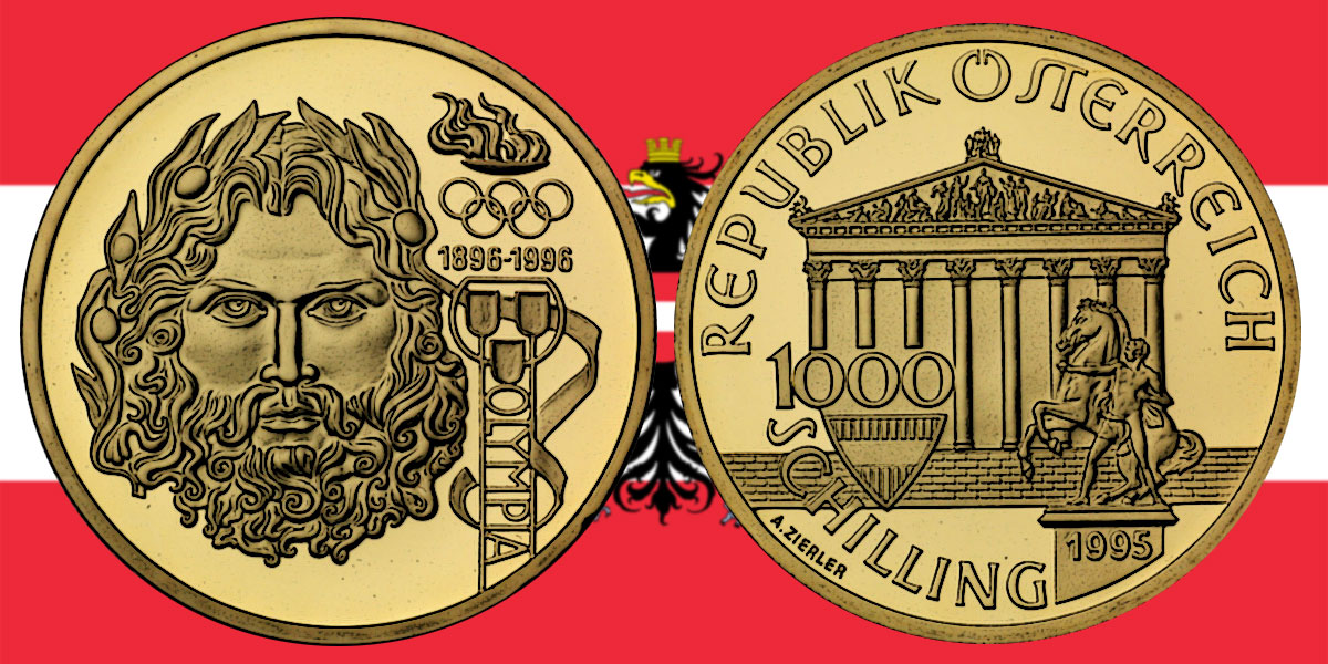 1000 Schilling in Gold Zeus in der Serie 100 Jahre Olympische Bewegung in Österreich