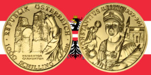 1000 Schilling in Gold Heidentor Carnuntum in der Serie Kunstschätze Österreichs