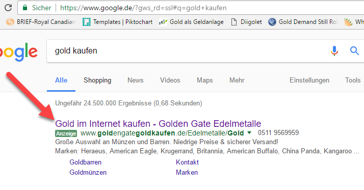 Gold kaufen - bezahlte Werbung in google